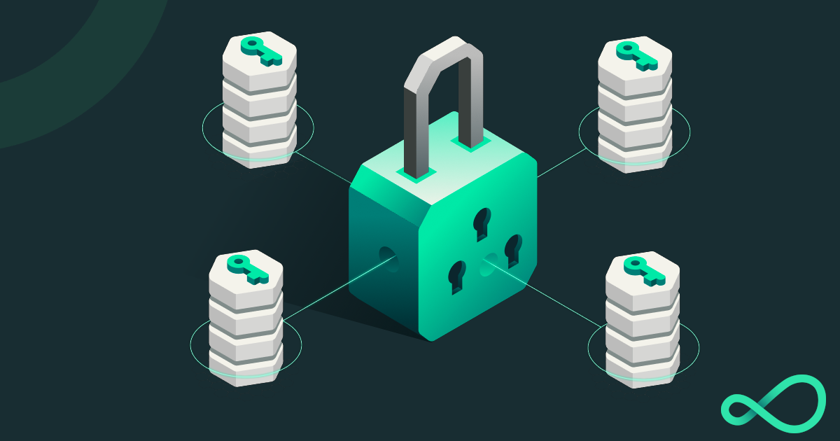 Three keyhole padlock surrounded by four keys, indicating fault tolerance.